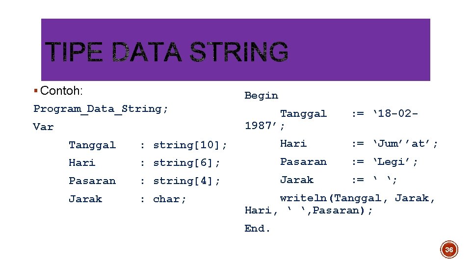 § Contoh: Begin Program_Data_String; Var Tanggal 1987’; : = ‘ 18 -02 - Tanggal § Contoh: Begin Program_Data_String; Var Tanggal 1987’; : = ‘ 18 -02 - Tanggal