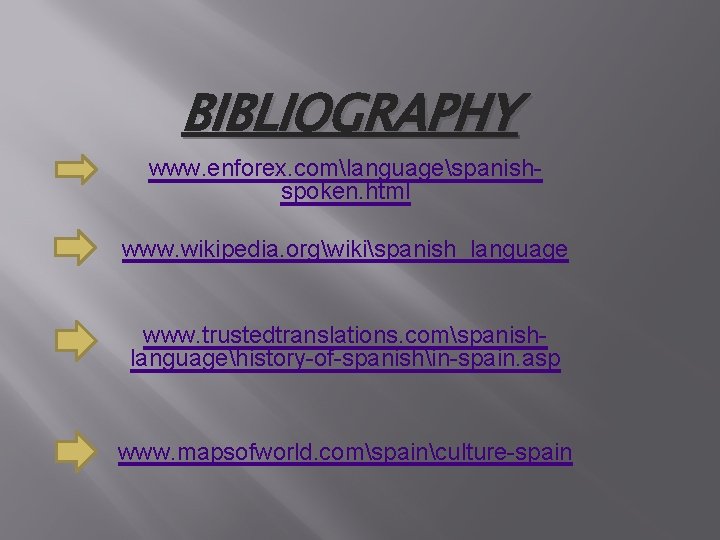 BIBLIOGRAPHY www. enforex. comlanguagespanishspoken. html www. wikipedia. orgwikispanish_language www. trustedtranslations. comspanishlanguagehistory-of-spanishin-spain. asp www. mapsofworld.