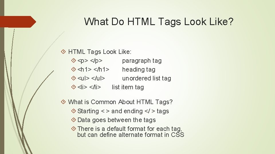 What Do HTML Tags Look Like? HTML Tags Look Like: <p> </p> paragraph tag
