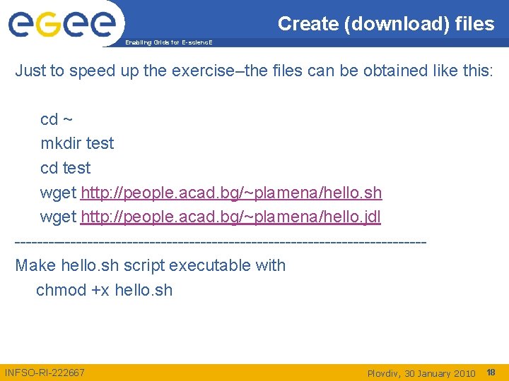 Create (download) files Enabling Grids for E-scienc. E Just to speed up the exercise–the