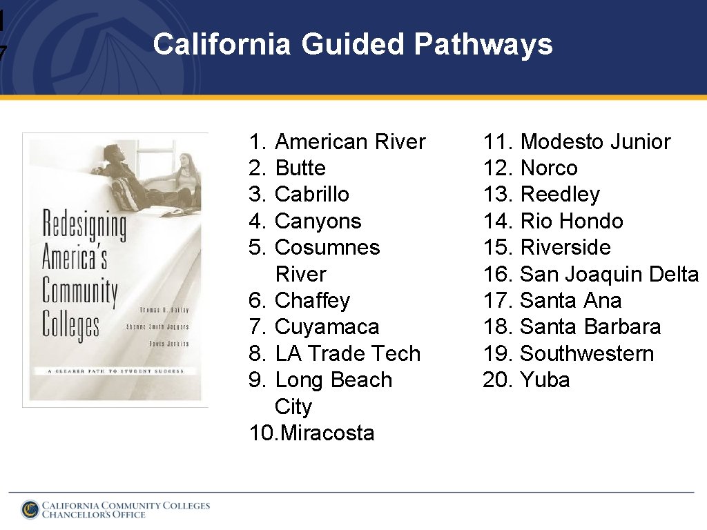 1 7 California Guided Pathways 1. 2. 3. 4. 5. American River Butte Cabrillo