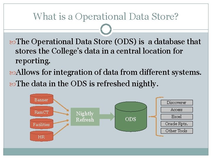 What is a Operational Data Store? The Operational Data Store (ODS) is a database