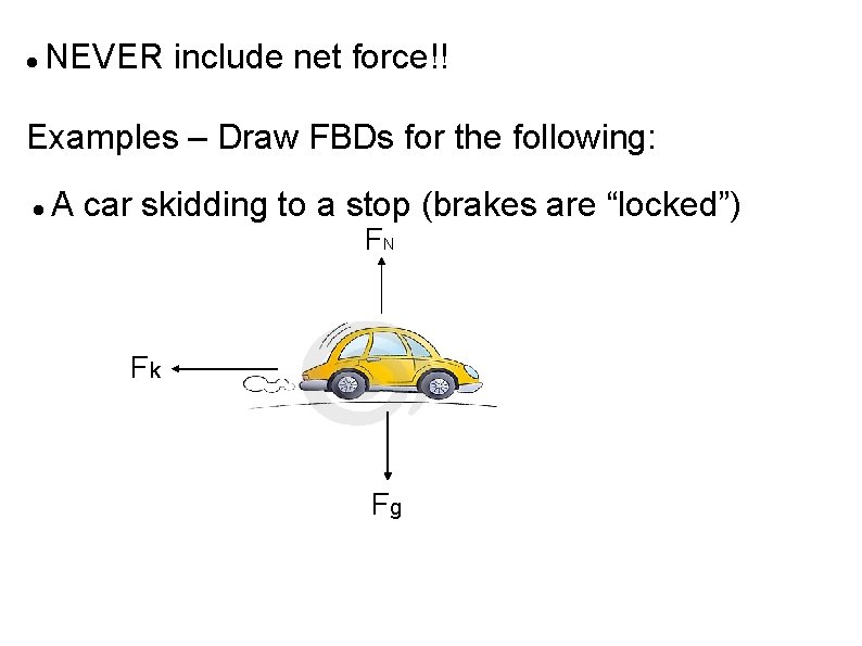  NEVER include net force!! Examples – Draw FBDs for the following: A car