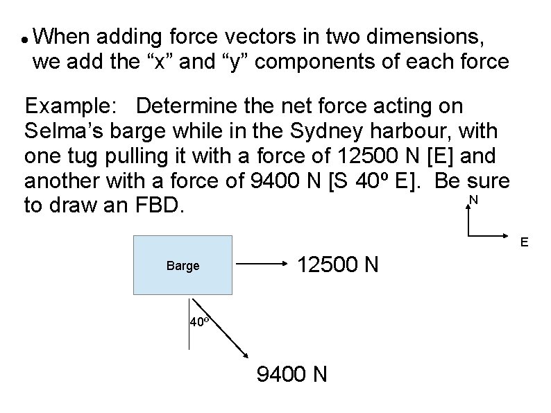  When adding force vectors in two dimensions, we add the “x” and “y”