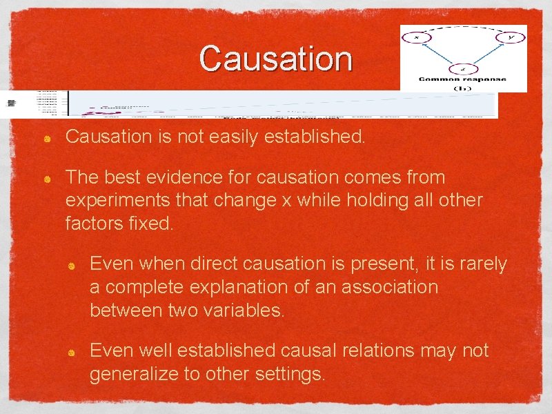 Causation is not easily established. The best evidence for causation comes from experiments that