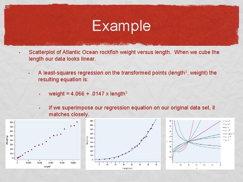 Example • Scatterplot of Atlantic Ocean rockfish weight versus length. When we cube the