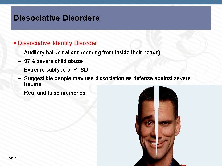 Dissociative Disorders Dissociative Identity Disorder – Auditory hallucinations (coming from inside their heads) –