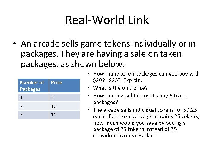 Real-World Link • An arcade sells game tokens individually or in packages. They are