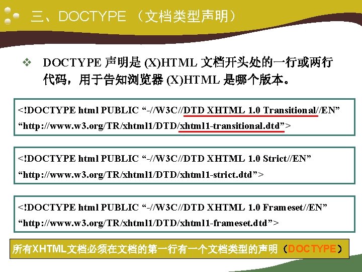 三、DOCTYPE （文档类型声明） v DOCTYPE 声明是 (X)HTML 文档开头处的一行或两行 代码，用于告知浏览器 (X)HTML 是哪个版本。 <!DOCTYPE html PUBLIC “-//W