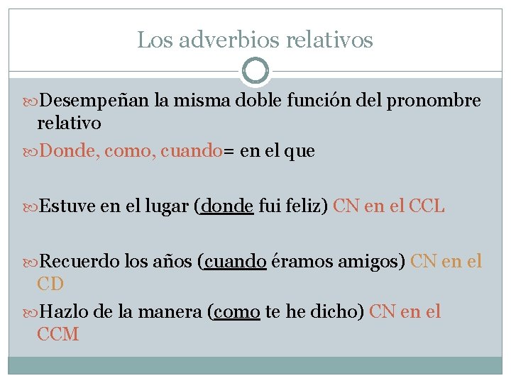 Los adverbios relativos Desempeñan la misma doble función del pronombre relativo Donde, como, cuando=
