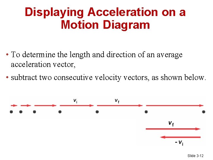 Displaying Acceleration on a Motion Diagram • To determine the length and direction of
