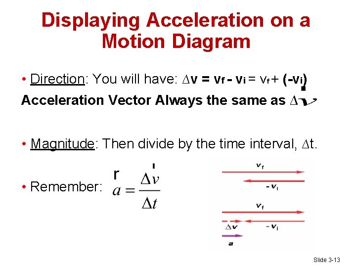 Displaying Acceleration on a Motion Diagram • Direction: You will have: ∆v = vf