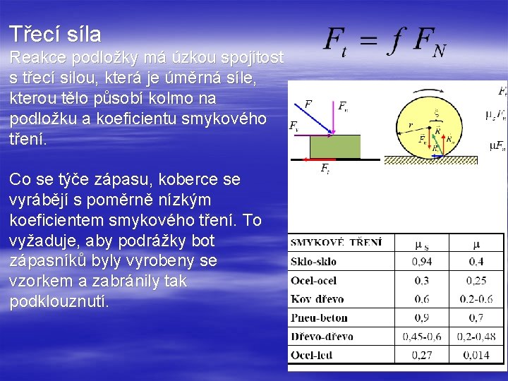 Třecí síla Reakce podložky má úzkou spojitost s třecí silou, která je úměrná síle,