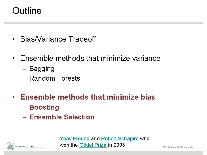 Outline • Bias/Variance Tradeoff • Ensemble methods that minimize variance – Bagging – Random