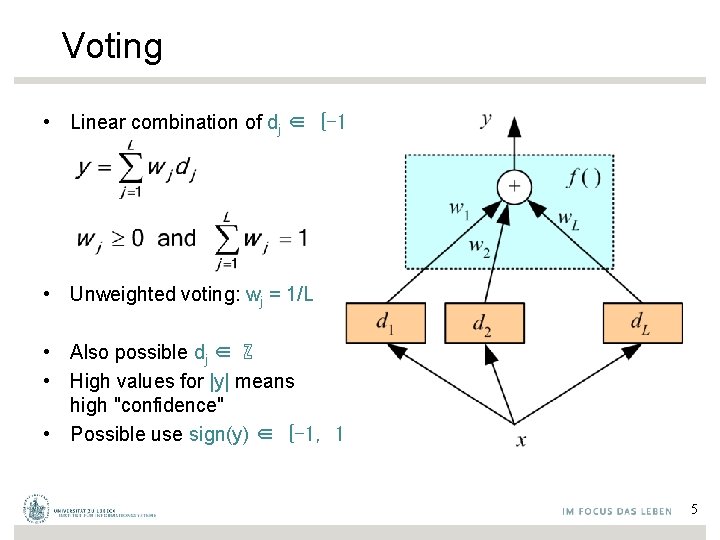 Voting • Linear combination of dj ∈ {-1, 1} • Unweighted voting: wj =