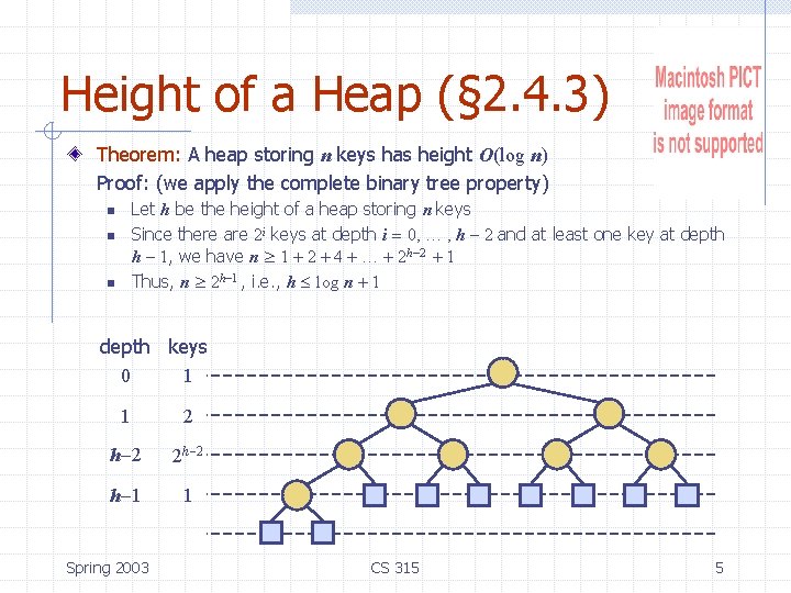 Height of a Heap (§ 2. 4. 3) Theorem: A heap storing n keys