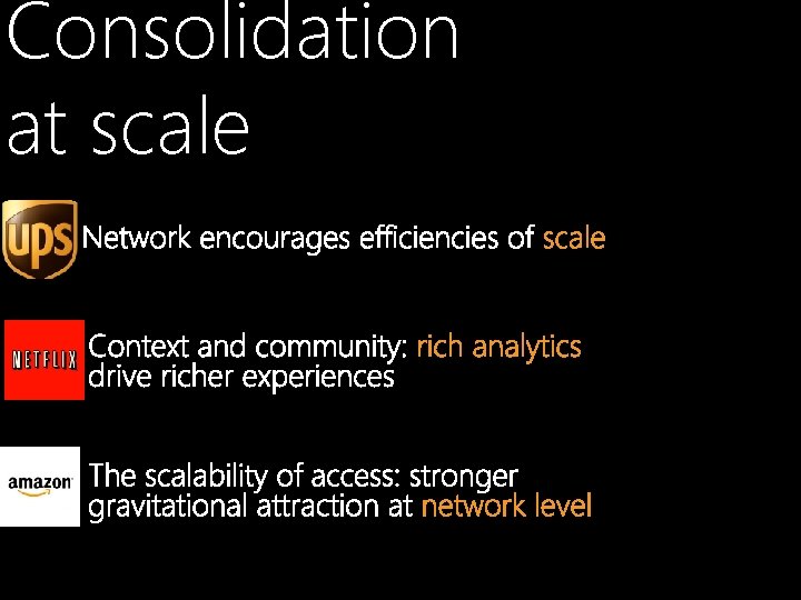 Consolidation at scale Network encourages efficiencies of scale Context and community: rich analytics drive