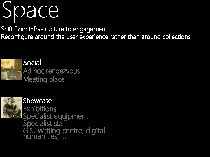 Space Shift from infrastructure to engagement. . Reconfigure around the user experience rather than