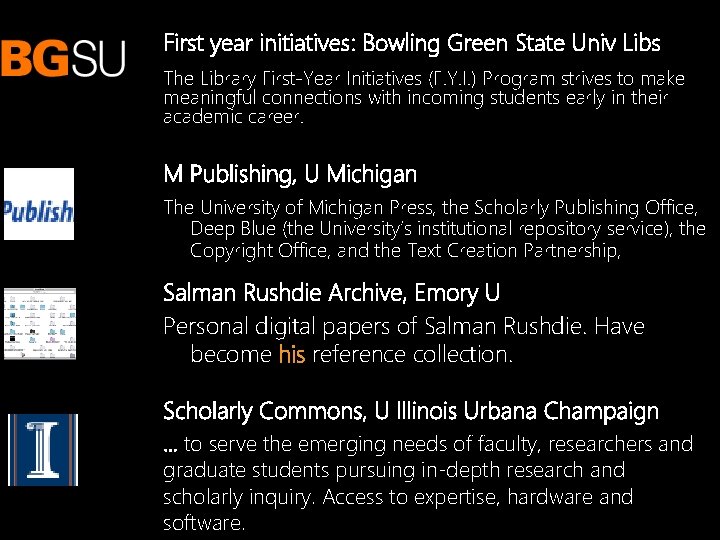 First year initiatives: Bowling Green State Univ Libs The Library First-Year Initiatives (F. Y.