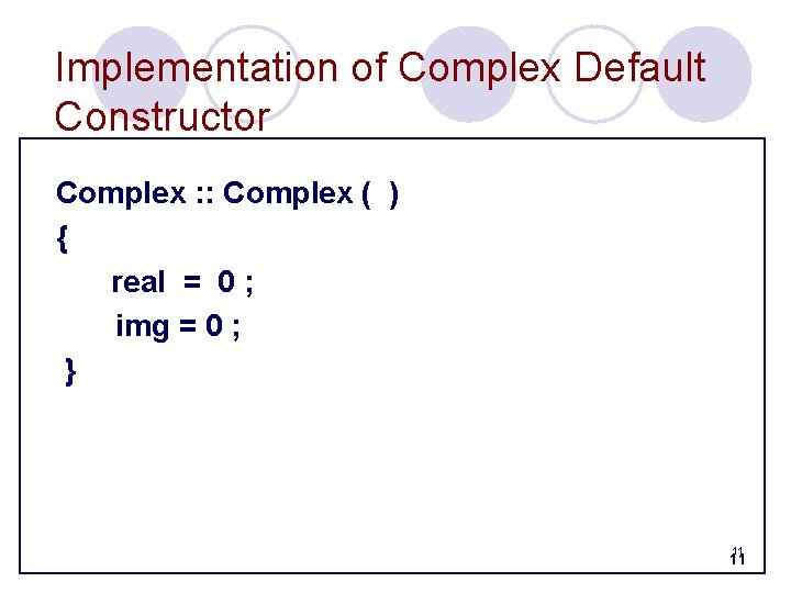 Implementation of Complex Default Constructor Complex : : Complex ( ) { real =