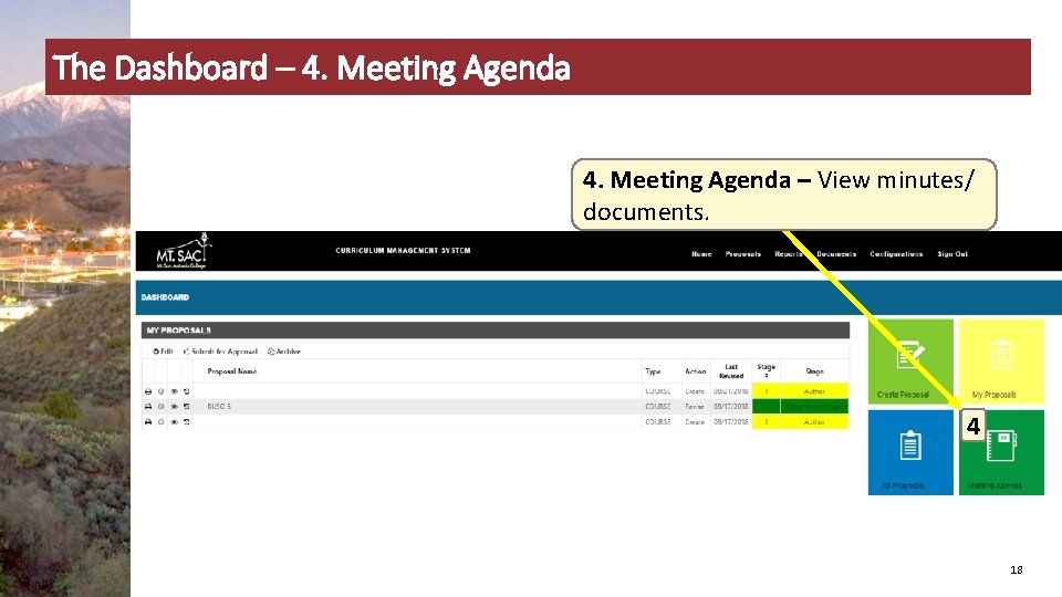 The Dashboard – 4. Meeting Agenda – View minutes/ documents. 4 18 