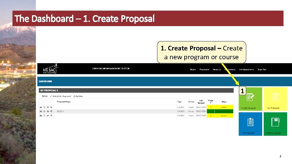 The Dashboard – 1. Create Proposal – Create a new program or course 1