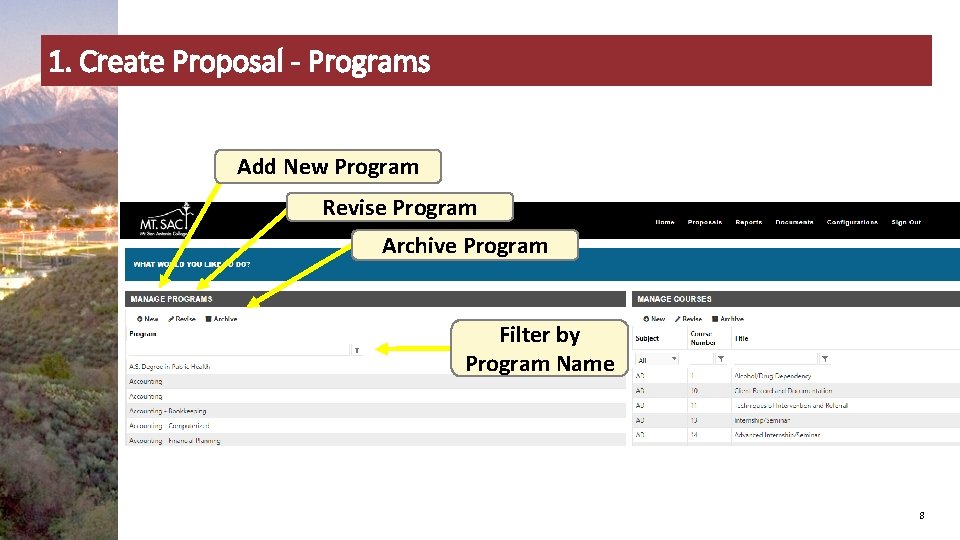 1. Create Proposal - Programs Add New Program Revise Program Archive Program Filter by