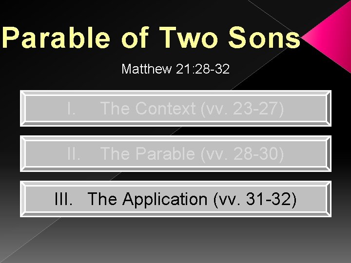 Parable of Two Sons Matthew 21: 28 -32 I. The Context (vv. 23 -27)