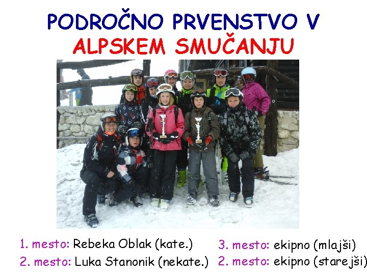 PODROČNO PRVENSTVO V ALPSKEM SMUČANJU 1. mesto: Rebeka Oblak (kate. ) 3. mesto: ekipno