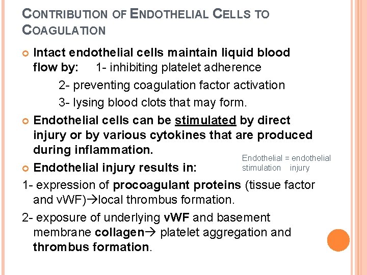 CONTRIBUTION OF ENDOTHELIAL CELLS TO COAGULATION Intact endothelial cells maintain liquid blood flow by: