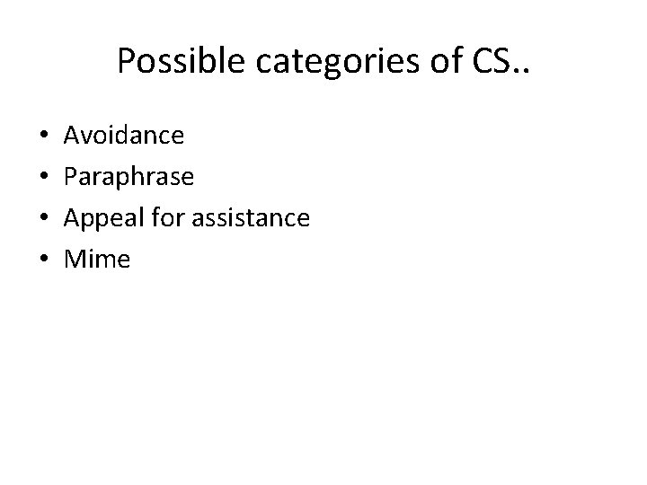 Possible categories of CS. . • • Avoidance Paraphrase Appeal for assistance Mime 