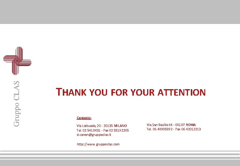 THANK YOU FOR YOUR ATTENTION Contacts: Via Lattuada, 20 - 20135 MILANO Tel. 02.