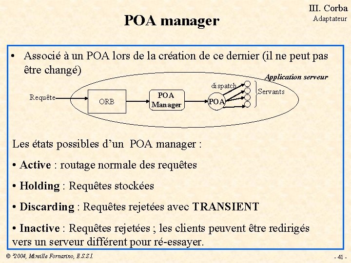 III. Corba POA manager Adaptateur • Associé à un POA lors de la création