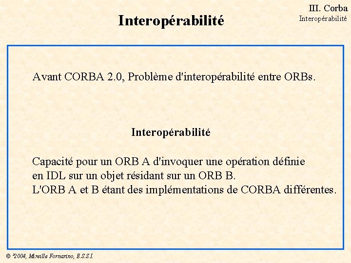 Interopérabilité III. Corba Interopérabilité Avant CORBA 2. 0, Problème d'interopérabilité entre ORBs. Interopérabilité Capacité