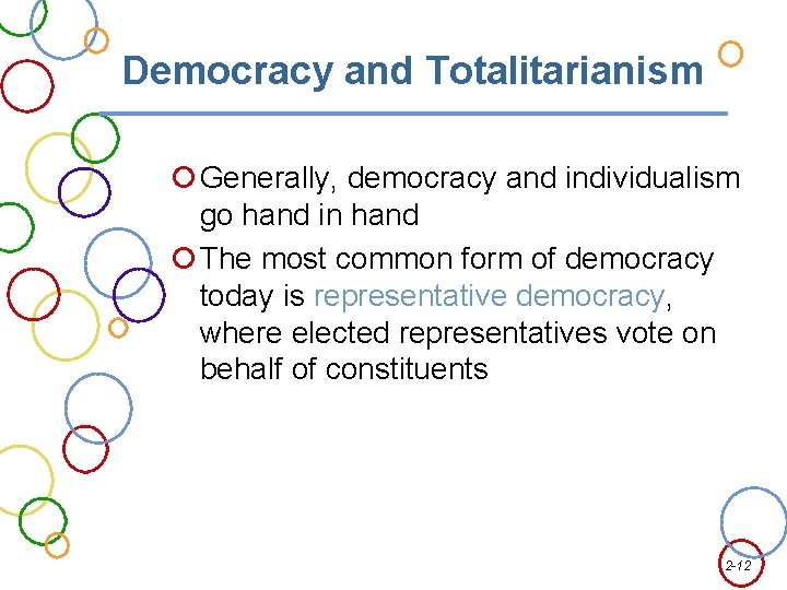 Democracy and Totalitarianism Generally, democracy and individualism go hand in hand The most common