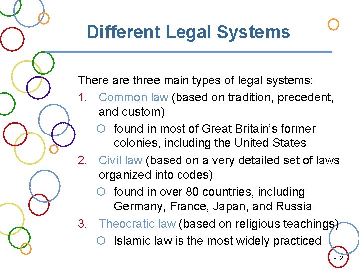 Different Legal Systems There are three main types of legal systems: 1. Common law