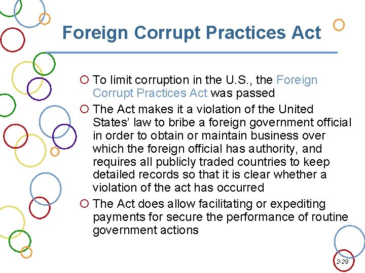 Foreign Corrupt Practices Act To limit corruption in the U. S. , the Foreign