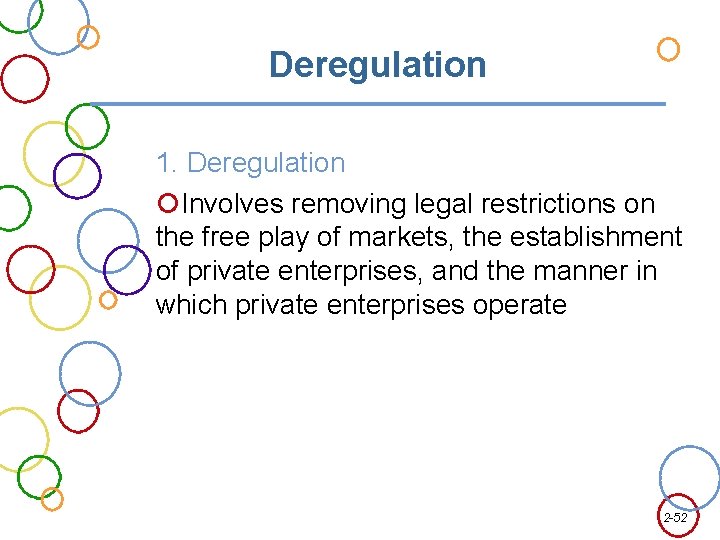 Deregulation 1. Deregulation Involves removing legal restrictions on the free play of markets, the