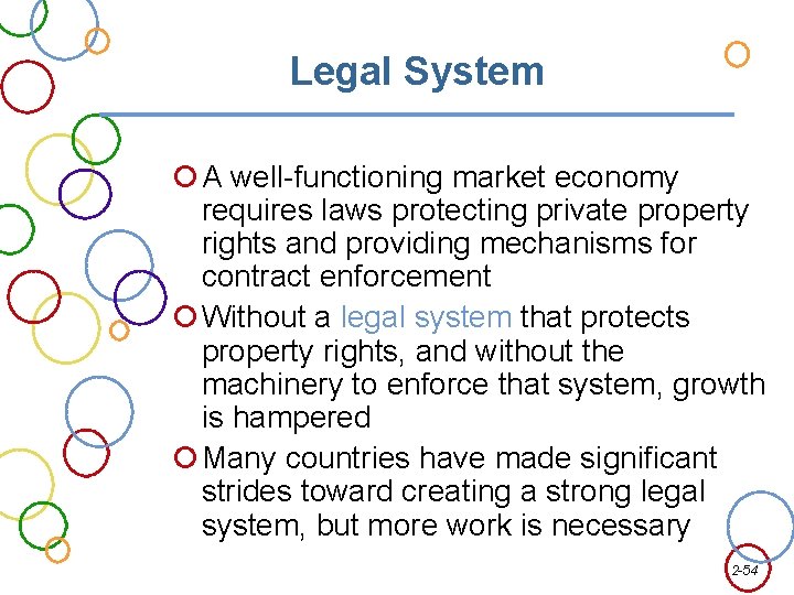 Legal System A well-functioning market economy requires laws protecting private property rights and providing