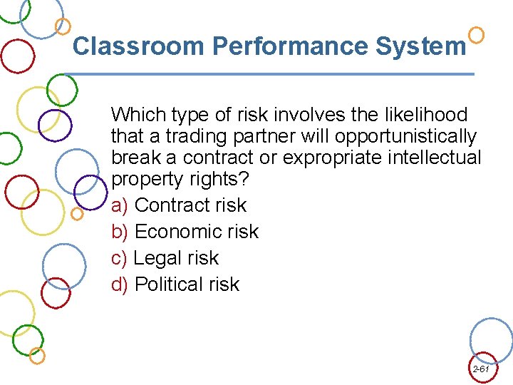 Classroom Performance System Which type of risk involves the likelihood that a trading partner