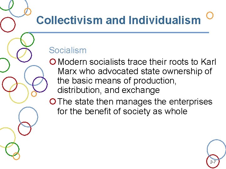 Collectivism and Individualism Socialism Modern socialists trace their roots to Karl Marx who advocated