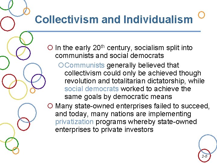 Collectivism and Individualism In the early 20 th century, socialism split into communists and