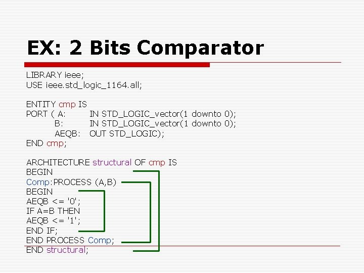 EX: 2 Bits Comparator LIBRARY ieee; USE ieee. std_logic_1164. all; ENTITY cmp IS PORT