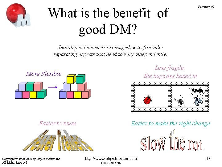 What is the benefit of good DM? February, 99 Interdependencies are managed, with firewalls