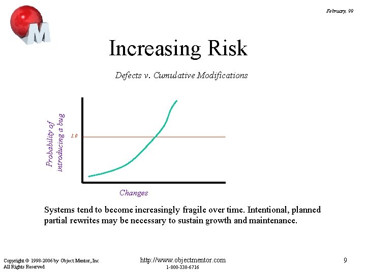 February, 99 Increasing Risk Probability of introducing a bug Defects v. Cumulative Modifications 1.