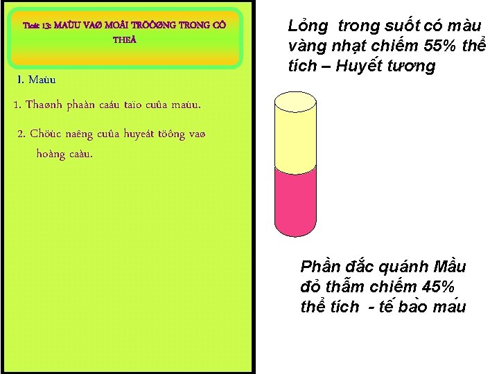 Tieát 13: MAÙU VAØ MO I TRÖÔØNG TRONG CÔ THEÅ I. Maùu Lỏng trong