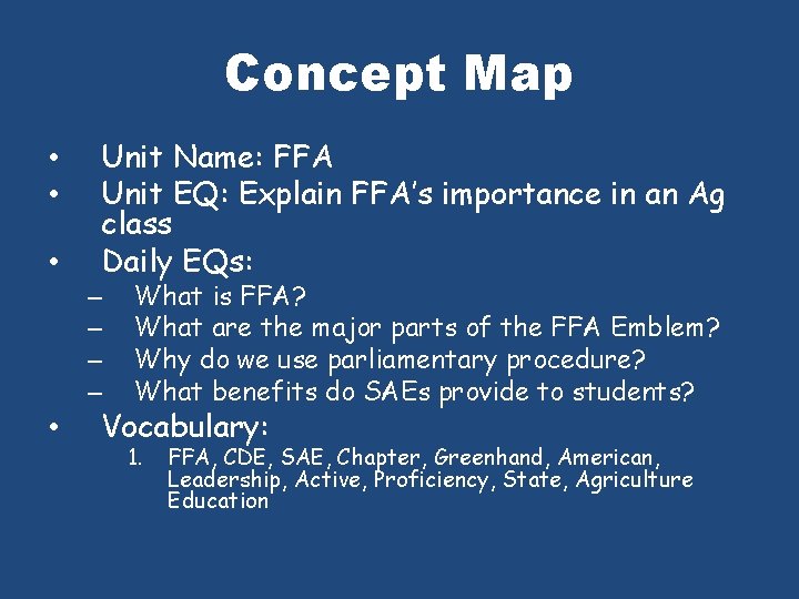Concept Map • • • Unit Name: FFA Unit EQ: Explain FFA’s importance in
