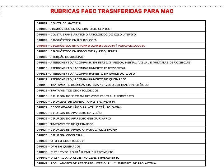 RUBRICAS FAEC TRASNFERIDAS PARA MAC 040001 - COLETA DE MATERIAL 040002 -DIAGNÓSTICO EM LABORATÓRIO