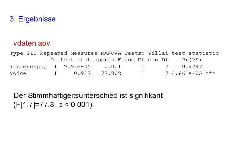 3. Ergebnisse vdaten. aov Type III Repeated Measures MANOVA Tests: Pillai test statistic Df