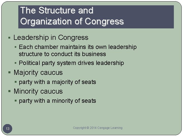 The Structure and Organization of Congress § Leadership in Congress § Each chamber maintains
